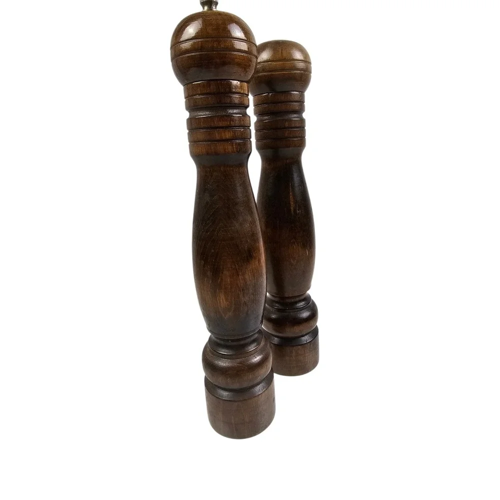 Vintage Dark Wood Salt Shaker and Pepper Mill Set 10 Inch Spindle Turned Brown
